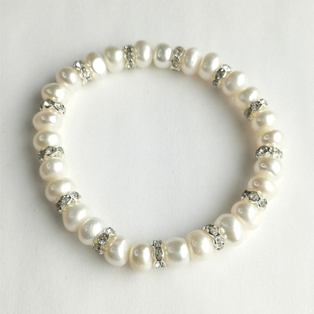 White Freshwater Pearl Sterling Silver CZ Rondelle Bracelet Stretch